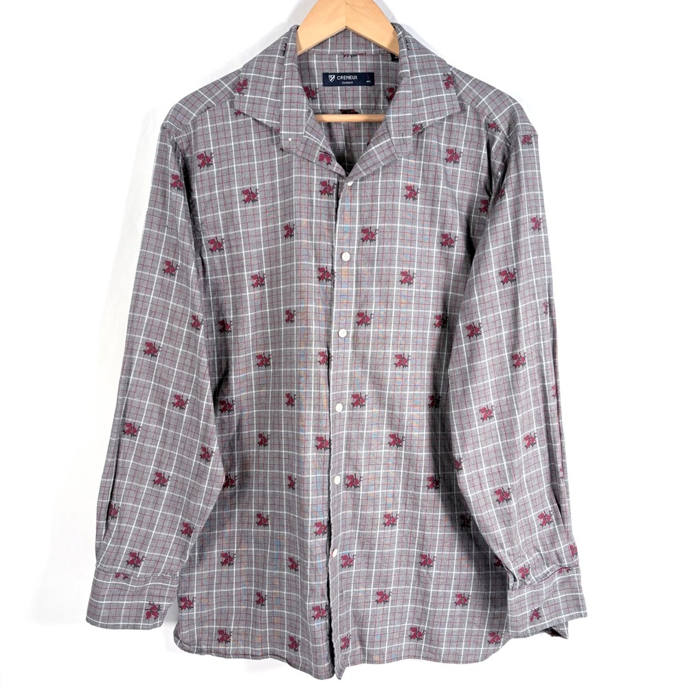 Cremieux Classics Shirt Grey Red Plaid Floral Embroidery Cotton Long Sleeve L